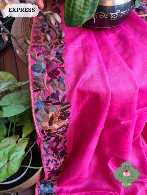 Zynah Fuchsia Pink Pure Tussar Silk Parsi Gara Hand Embroidered Saree; Custom Stitched/Ready-made Blouse, Fall, Petticoat; SKU: 3003202301