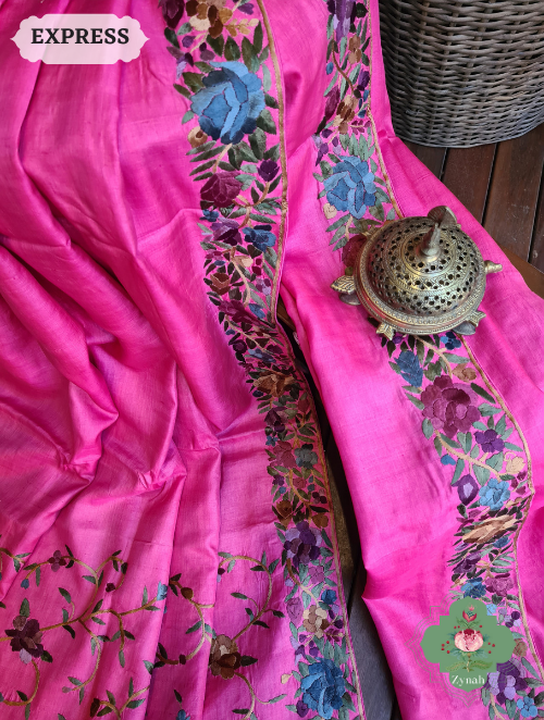 Zynah Fuchsia Pink Pure Tussar Silk Parsi Gara Hand Embroidered Saree; Custom Stitched/Ready-made Blouse, Fall, Petticoat; SKU: 3003202301