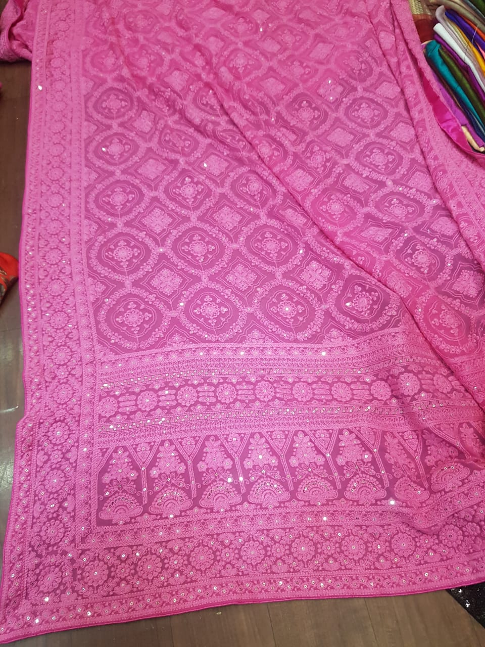 Zynah Pure Georgette Chikankari Saree in Pastel Shades, Sequence Hand work, Dyeable; Custom Stitched/Ready-made Blouse, Fall, Petticoat; Shipping available USA, Worldwide