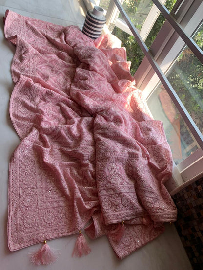 Zynah Pure Georgette Chikankari Saree in Pastel Shades with Sequence Hand work; Custom Stitched/Ready-made Blouse, Fall, Petticoat; Shipping available USA, Worldwide