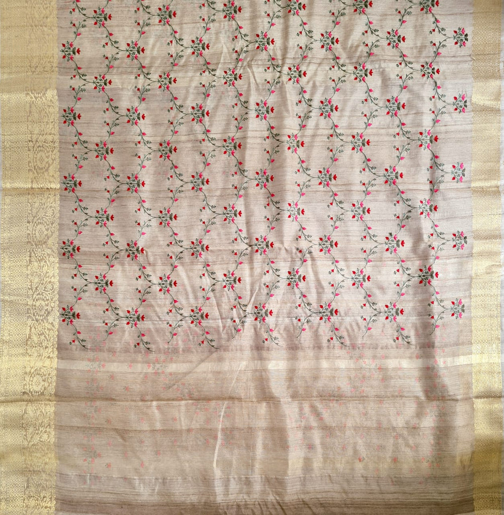 Zynah Pure Tussar Silk Gheecha Embroidered Saree, Banarasi weaved border; Custom Stitched/Ready-made Blouse, Fall, Petticoat; Shipping available USA, Worldwide