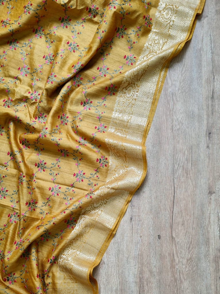 Zynah Pure Tussar Gheecha Embroidered Silk Saree with Banarasi Weaved Border; Custom Stitched/Ready-made Blouse, Fall, Petticoat; Shipping available USA, Worldwide
