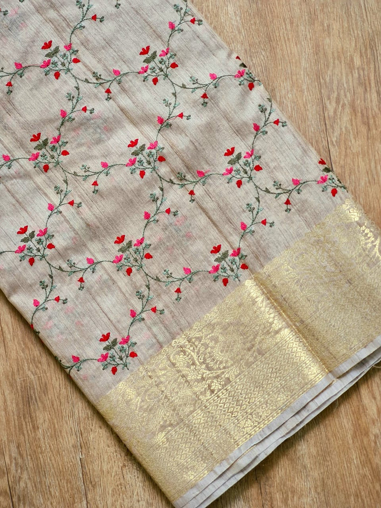 Zynah Pure Tussar Silk Gheecha Embroidered Saree, Banarasi weaved border; Custom Stitched/Ready-made Blouse, Fall, Petticoat; Shipping available USA, Worldwide