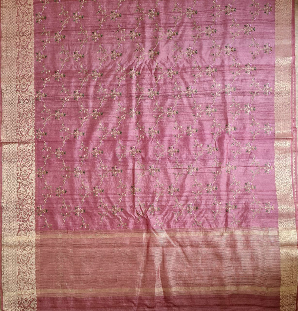 Zynah Pure Tussar Gheecha Embroidered Silk Saree with Banarasi Weaved Border; Custom Stitched/Ready-made Blouse, Fall, Petticoat; Shipping available USA, Worldwide