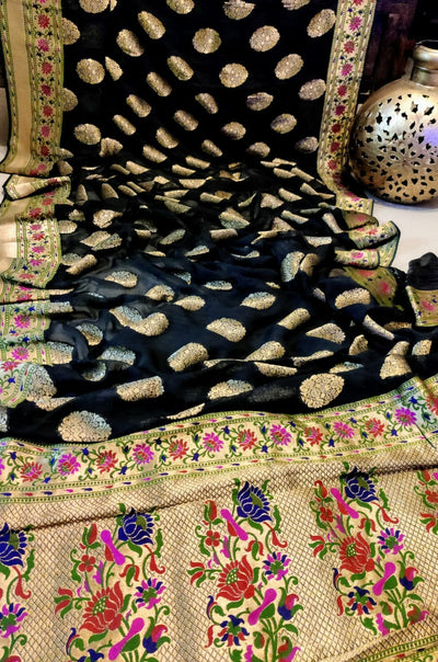 Zynah Pure Khaddi Georgette Saree with Paithani inspired Pallu; Custom Stitched/Ready-made Blouse, Fall, Petticoat; Shipping available USA, Worldwide