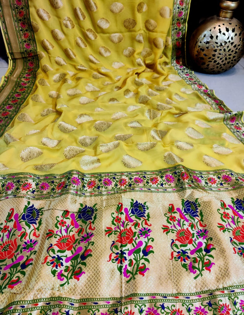 Zynah Pure Khaddi Georgette Saree with Paithani inspired Pallu; Custom Stitched/Ready-made Blouse, Fall, Petticoat; Shipping available USA, Worldwide