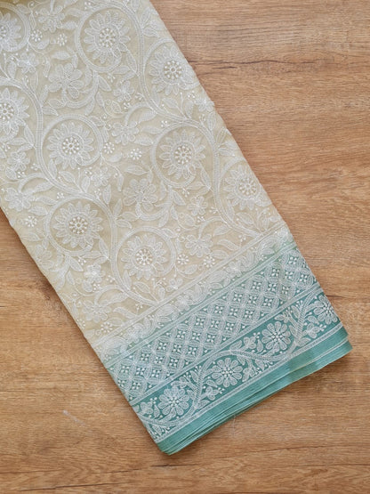 Zynah Pure Organza Silk Saree with Floral Jaal Thread Chikankari Embroidery; Custom Stitched/Ready-made Blouse, Fall, Petticoat; Shipping available USA, Worldwide