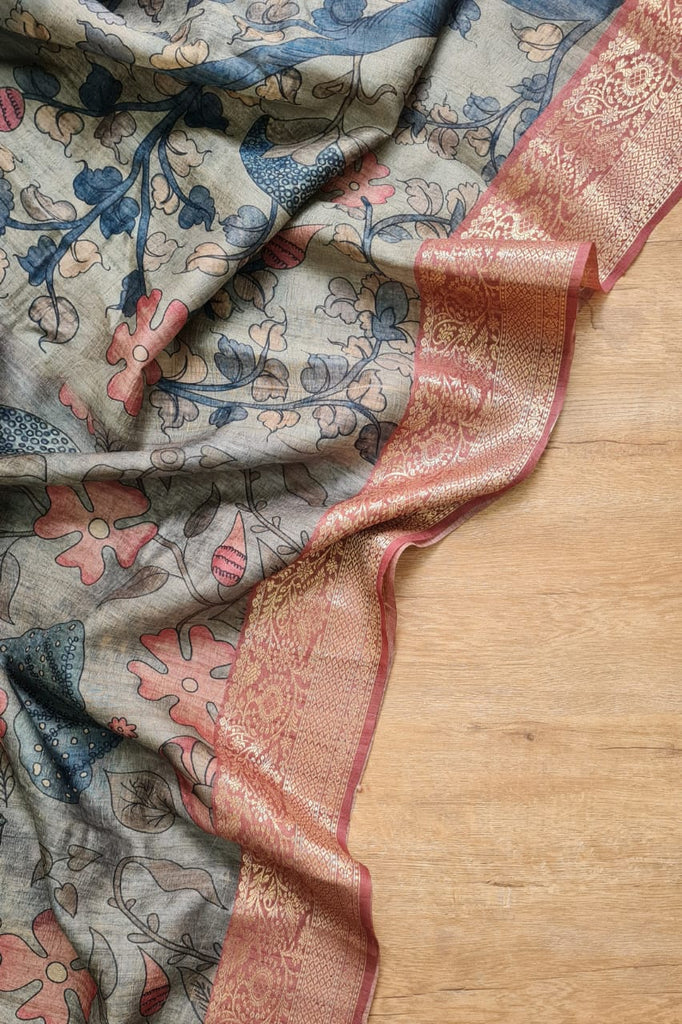 Zynah Pure Tussar Silk Saree with Kalamkari Print; Custom Stitched/Ready-made Blouse, Fall, Petticoat; Shipping available USA, Worldwide