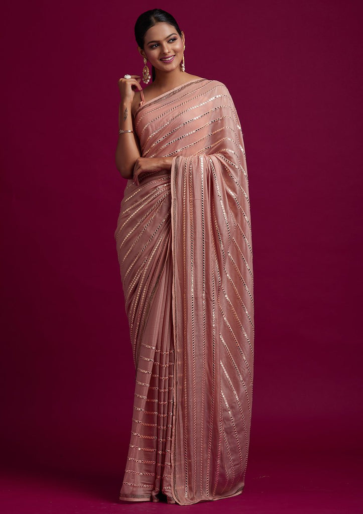 Zynah Chinnon Saree with Gotapatti Embroidery Work; Custom Stitched/Ready-made Blouse, Fall, Petticoat; Shipping available USA, Worldwide