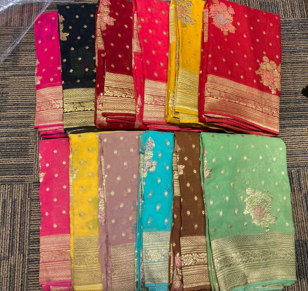 Zynah Pure Khaddi Georgette Banarasi Woven Saree; Custom Stitched/Ready-made Blouse, Fall, Petticoat; Shipping available USA, Worldwide