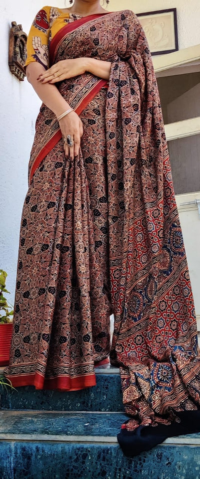 Zynah Pure Modal Silk Ajrakh Saree with Handblock Prints; Custom Stitched/Ready-made Blouse, Fall, Petticoat; Shipping available USA, Worldwide