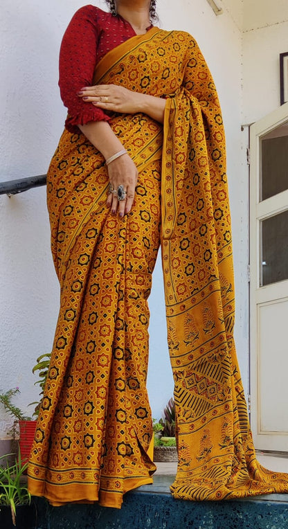 Zynah Pure Modal Silk Ajrakh Saree with Handblock Prints; Custom Stitched/Ready-made Blouse, Fall, Petticoat; Shipping available USA, Worldwide