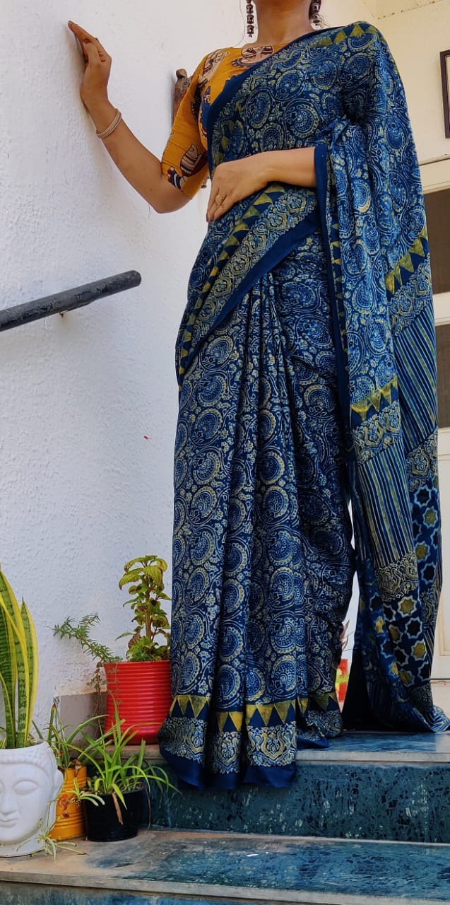 Zynah Pure Modal Silk Ajrakh Saree with Tissue Zari Pallu, Handblock Prints; Custom Stitched/Ready-made Blouse, Fall, Petticoat; Shipping available USA, Worldwide