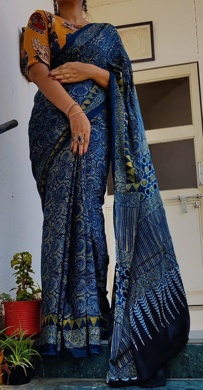 Zynah Pure Modal Silk Ajrakh Saree with Tissue Zari Pallu, Handblock Prints; Custom Stitched/Ready-made Blouse, Fall, Petticoat; Shipping available USA, Worldwide