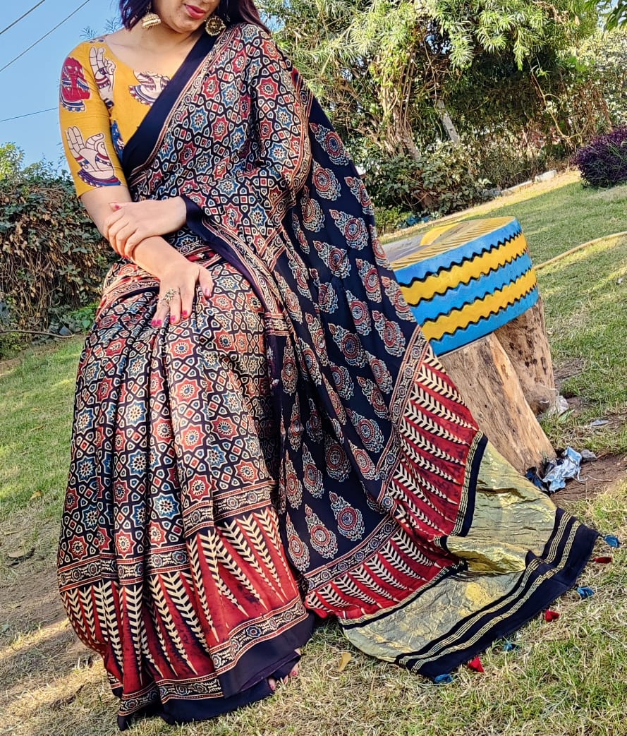 Zynah Pure Modal Silk Ajrakh Saree with Handblock Prints; Custom Stitched/Ready-made Blouse, Fall, Petticoat; Shipping available USA, Worldwide