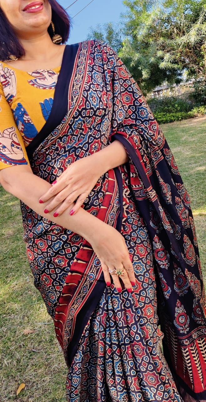 Zynah Pure Modal Silk Ajrakh Saree with Handblock Prints; Custom Stitched/Ready-made Blouse, Fall, Petticoat; Shipping available USA, Worldwide