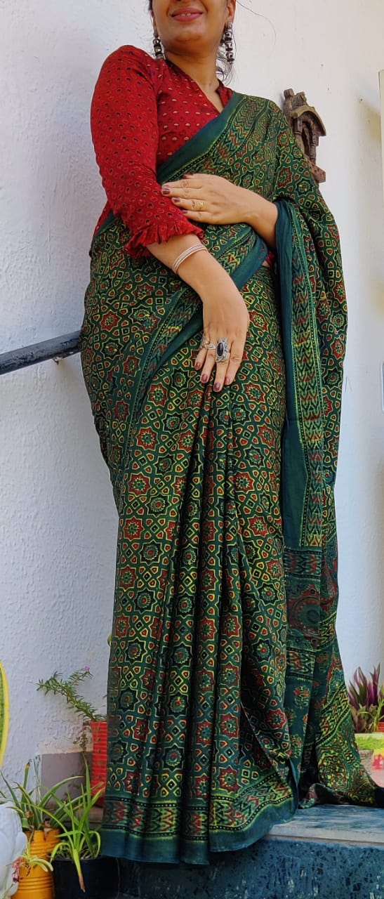 Zynah Pure Modal Silk Ajrakh Saree with Handblock Prints; Custom Stitched/Ready-made Blouse, Fall, Petticoat; Shipping available USA, Worldwide