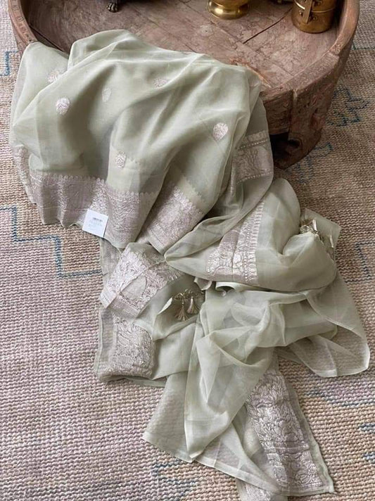 Zynah Pure Banarasi Handloom Khaddi Georgette Saree with Zari Border & Butis; Custom Stitched/Ready-made Blouse, Fall, Petticoat; Shipping available USA, Worldwide