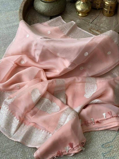 Zynah Pure Banarasi Handloom Khaddi Georgette Saree with Zari Border & Butis; Custom Stitched/Ready-made Blouse, Fall, Petticoat; Shipping available USA, Worldwide