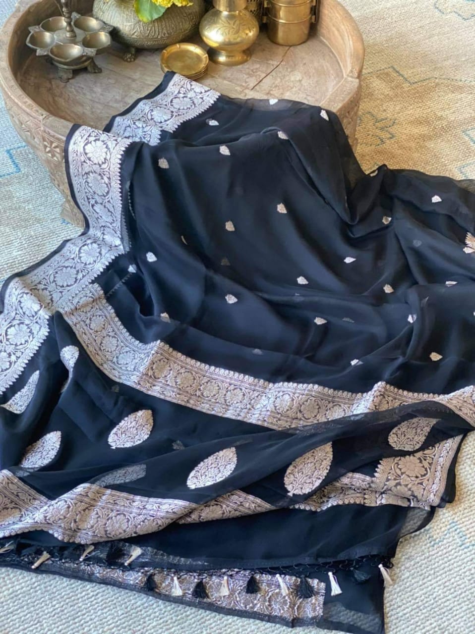 Zynah Pure Banarasi Handloom Khaddi Georgette Saree with Zari Border & Butis; Custom Stitched/Ready-made Blouse, Fall, Petticoat; Shipping available USA, Worldwide