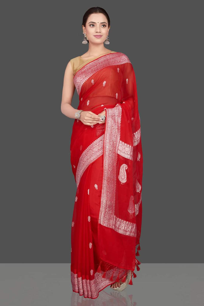 Zynah Pure Banarasi Handloom Khaddi Georgette Saree with Zari Border & Butis; Custom Stitched/Ready-made Blouse, Fall, Petticoat; Shipping available USA, Worldwide