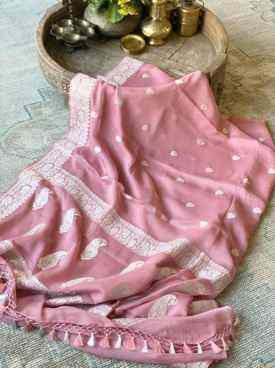 Zynah Pure Banarasi Handloom Khaddi Georgette Saree with Zari Border & Butis; Custom Stitched/Ready-made Blouse, Fall, Petticoat; Shipping available USA, Worldwide