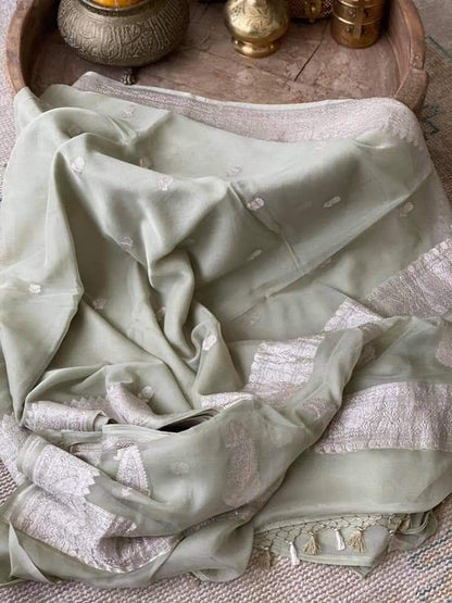 Zynah Pure Banarasi Handloom Khaddi Georgette Saree with Zari Border & Butis; Custom Stitched/Ready-made Blouse, Fall, Petticoat; Shipping available USA, Worldwide