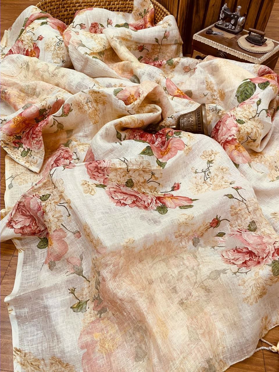 Zynah Organic Pure Linen by Linen(120c) Saree with Digital Floral Prints; Custom Stitched/Ready-made Blouse, Fall, Petticoat; Shipping available USA, Worldwide