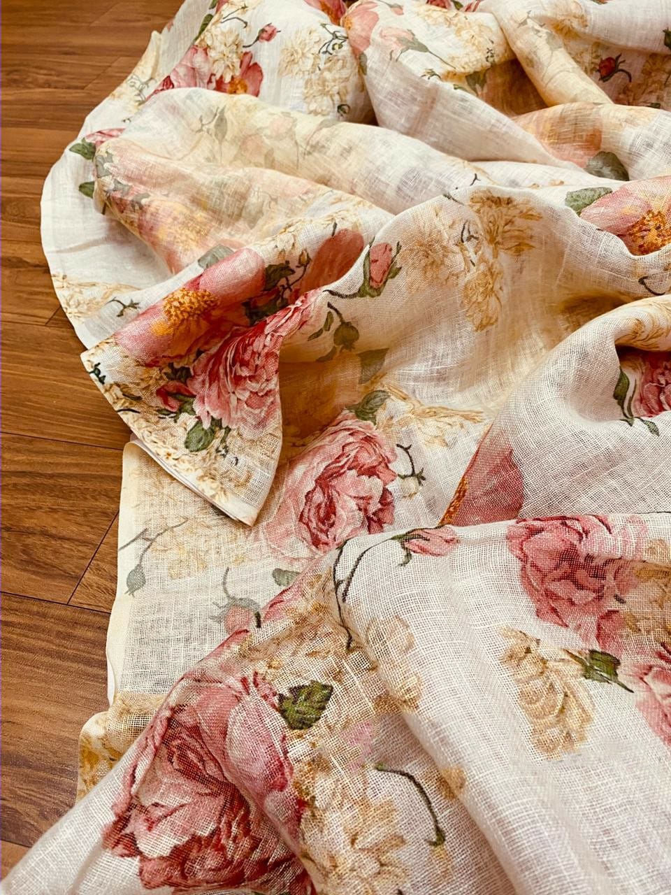 Zynah Organic Pure Linen by Linen(120c) Saree with Digital Floral Prints; Custom Stitched/Ready-made Blouse, Fall, Petticoat; Shipping available USA, Worldwide