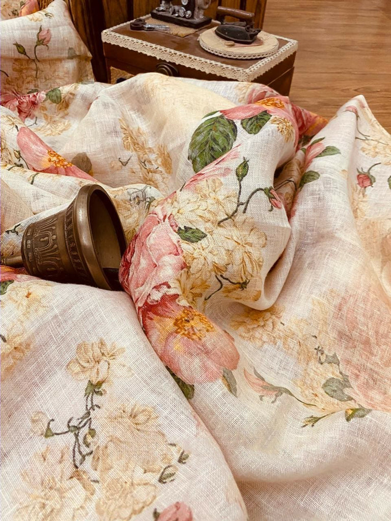 Zynah Organic Pure Linen by Linen(120c) Saree with Digital Floral Prints; Custom Stitched/Ready-made Blouse, Fall, Petticoat; Shipping available USA, Worldwide