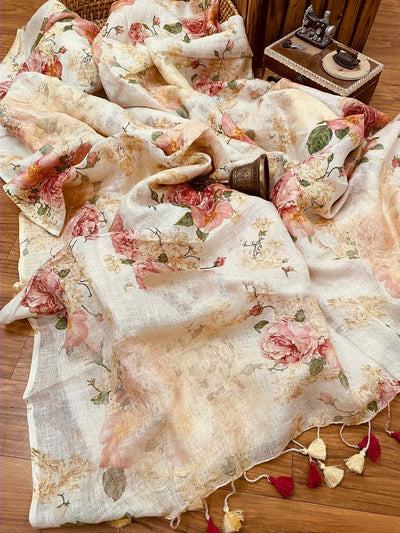 Zynah Organic Pure Linen by Linen(120c) Saree with Digital Floral Prints; Custom Stitched/Ready-made Blouse, Fall, Petticoat; Shipping available USA, Worldwide