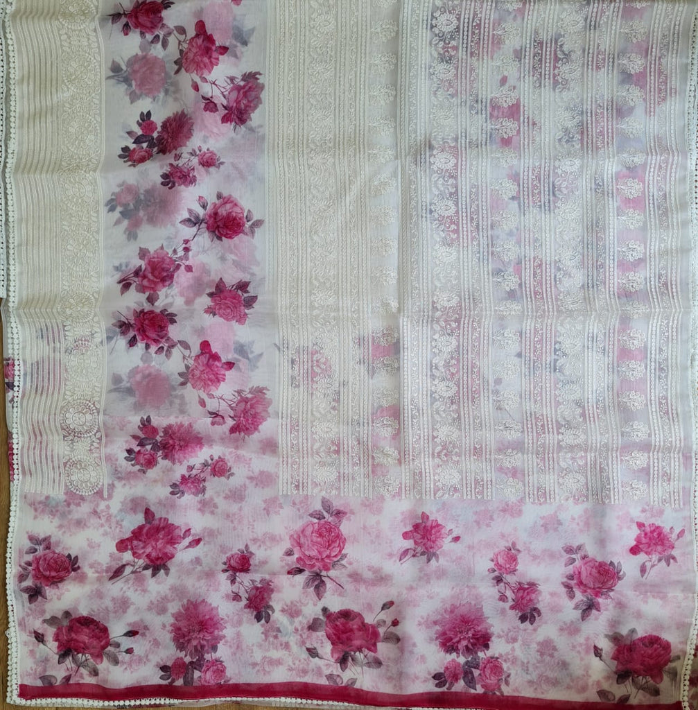Zynah Pure Organza Silk Saree with Floral Prints & Chikankari Embroidery; Custom Stitched/Ready-made Blouse, Fall, Petticoat; Shipping available USA, Worldwide