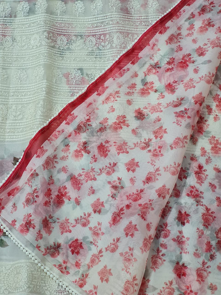 Zynah Pure Organza Silk Saree with Floral Prints & Chikankari Embroidery; Custom Stitched/Ready-made Blouse, Fall, Petticoat; Shipping available USA, Worldwide