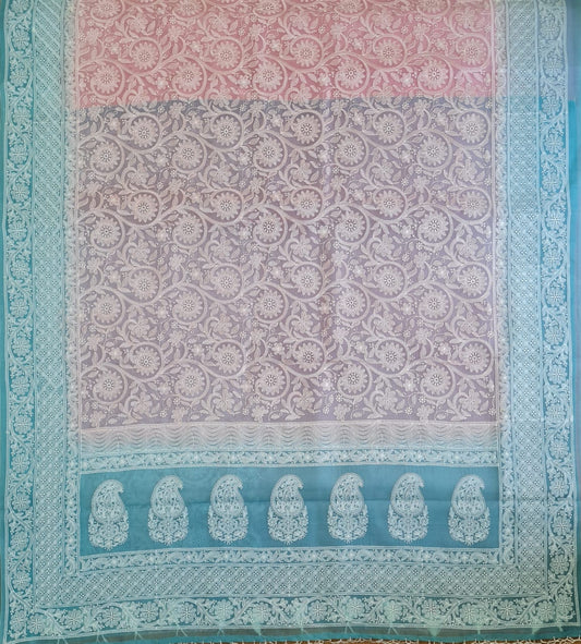 Zynah Pure Organza Silk Saree with Floral Jaal Thread Chikankari Embroidery; Custom Stitched/Ready-made Blouse, Fall, Petticoat; Shipping available USA, Worldwide