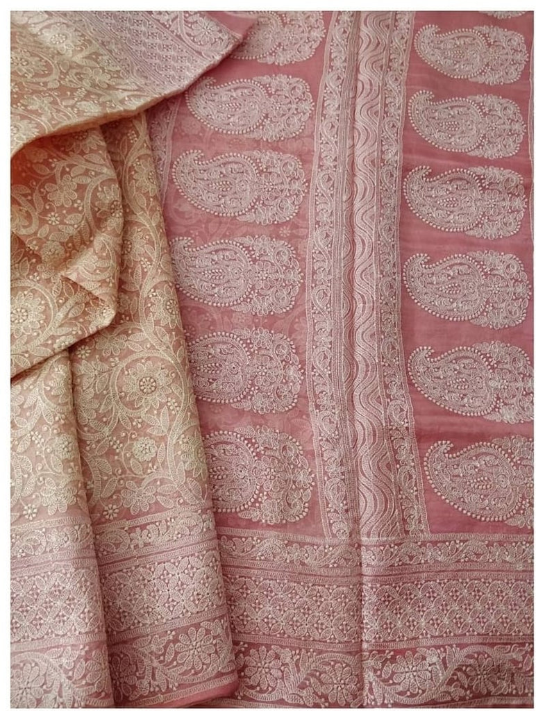 Zynah Pure Organza Silk Saree with Floral Jaal Thread Embroidered; Custom Stitched/Ready-made Blouse, Fall, Petticoat; Shipping available USA, Worldwid