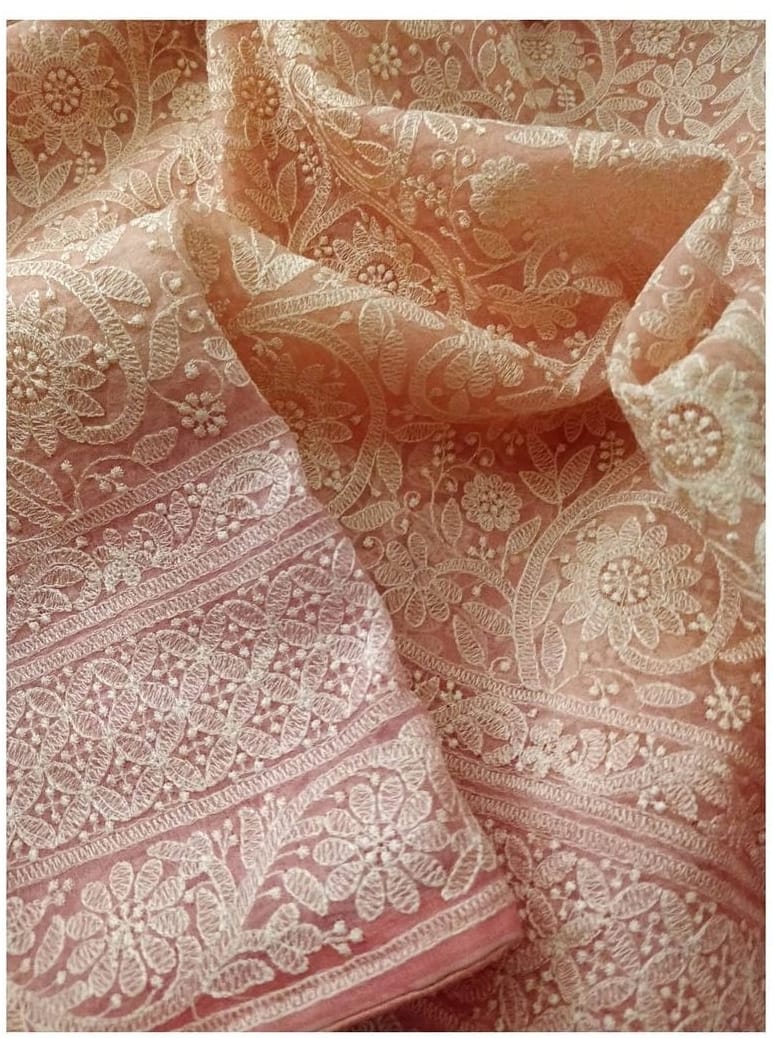 Zynah Pure Organza Silk Saree with Floral Jaal Thread Embroidered; Custom Stitched/Ready-made Blouse, Fall, Petticoat; Shipping available USA, Worldwid