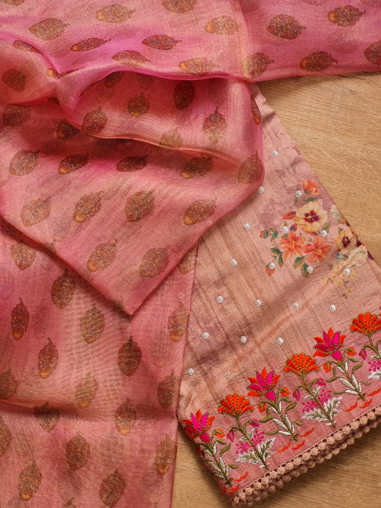 Zynah Pure Tussar Silk Saree with Floral Prints & Embroidery; Custom Stitched/Ready-made Blouse, Fall, Petticoat; Shipping available USA, Worldwide