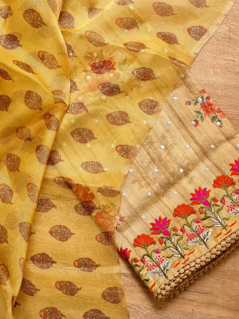 Zynah Pure Tussar Silk Saree with Floral Prints & Embroidery; Custom Stitched/Ready-made Blouse, Fall, Petticoat; Shipping available USA, Worldwide