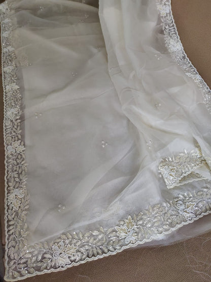 Zynah Organza Silk Saree with Cutdana Work, Pearl Beads Work; Custom Stitched/Ready-made Blouse, Fall, Petticoat; Shipping available USA, Worldwide