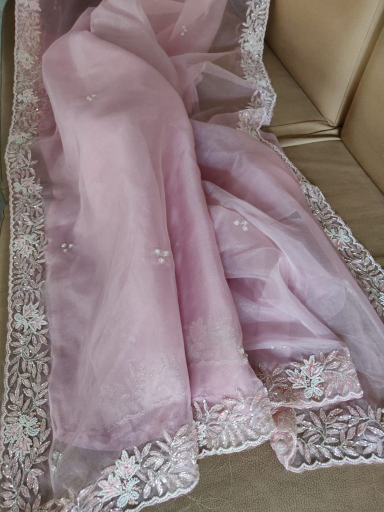 Zynah Organza Silk Saree with Cutdana Work, Pearl Beads Work; Custom Stitched/Ready-made Blouse, Fall, Petticoat; Shipping available USA, Worldwide