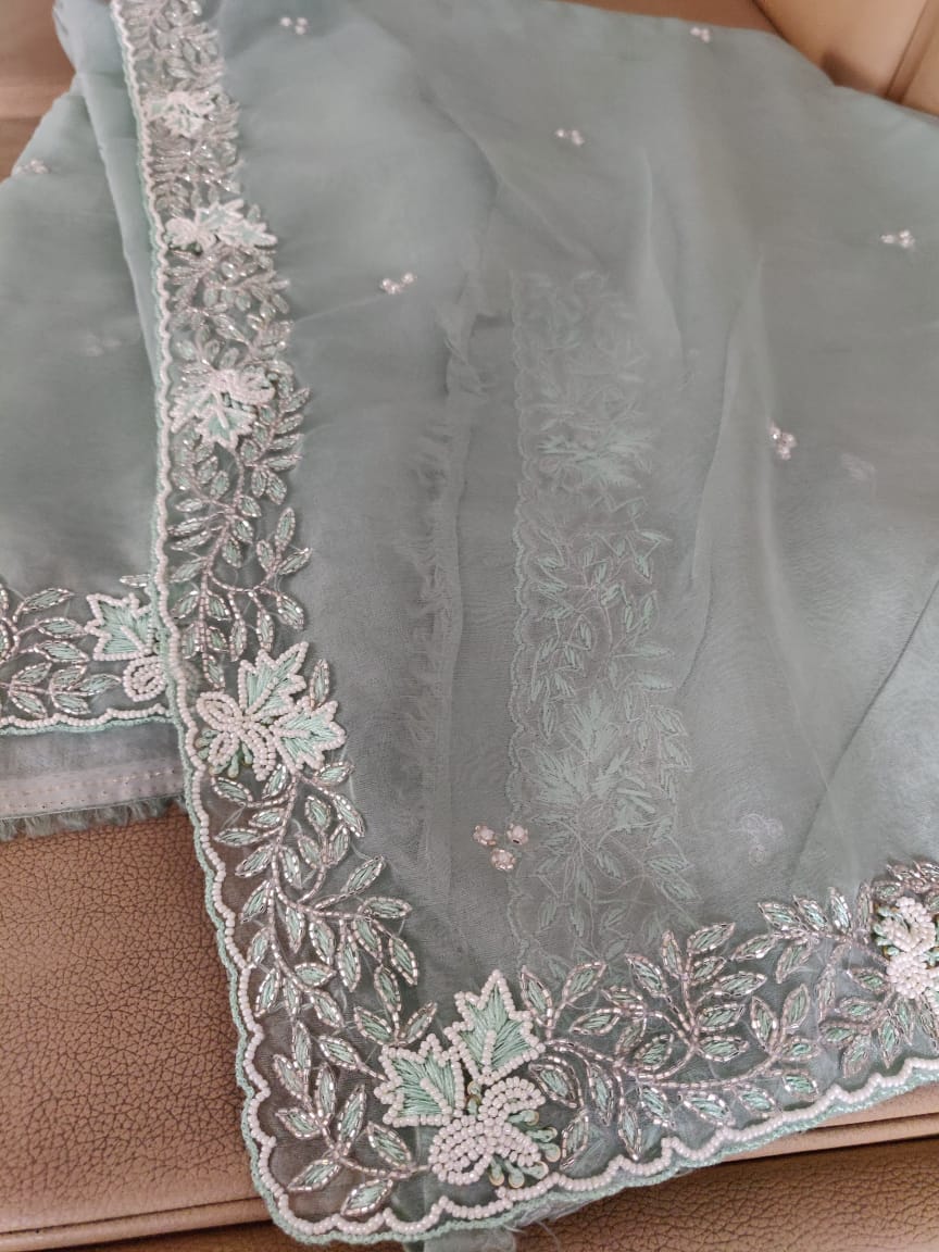 Zynah Organza Silk Saree with Cutdana Work, Pearl Beads Work; Custom Stitched/Ready-made Blouse, Fall, Petticoat; Shipping available USA, Worldwide