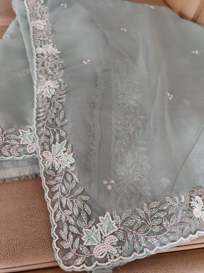 Zynah Organza Silk Saree with Cutdana Work, Pearl Beads Work; Custom Stitched/Ready-made Blouse, Fall, Petticoat; Shipping available USA, Worldwide