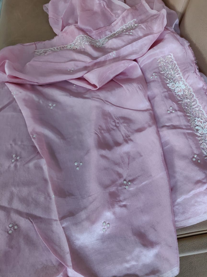 Zynah Organza Silk Saree with Cutdana Work, Pearl Beads Work; Custom Stitched/Ready-made Blouse, Fall, Petticoat; Shipping available USA, Worldwide