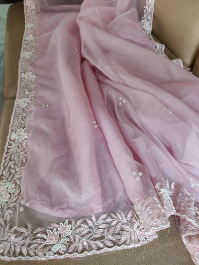 Zynah Organza Silk Saree with Cutdana Work, Pearl Beads Work; Custom Stitched/Ready-made Blouse, Fall, Petticoat; Shipping available USA, Worldwide