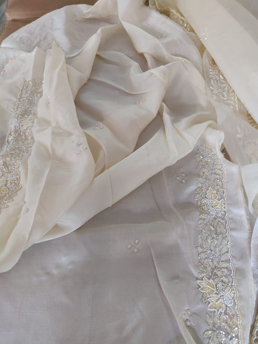 Zynah Organza Silk Saree with Cutdana Work, Pearl Beads Work; Custom Stitched/Ready-made Blouse, Fall, Petticoat; Shipping available USA, Worldwide