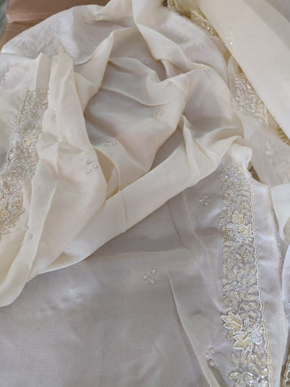 Zynah Organza Silk Saree with Cutdana Work, Pearl Beads Work; Custom Stitched/Ready-made Blouse, Fall, Petticoat; Shipping available USA, Worldwide