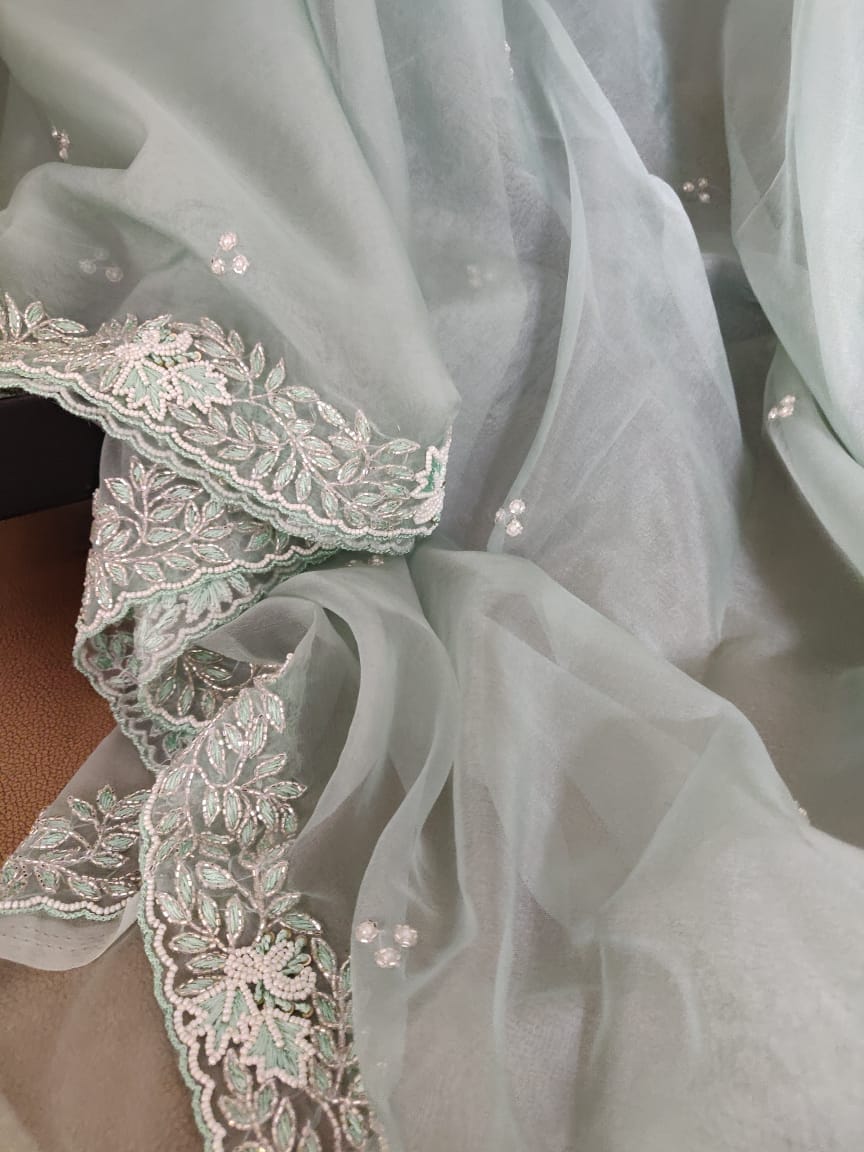 Zynah Organza Silk Saree with Cutdana Work, Pearl Beads Work; Custom Stitched/Ready-made Blouse, Fall, Petticoat; Shipping available USA, Worldwide