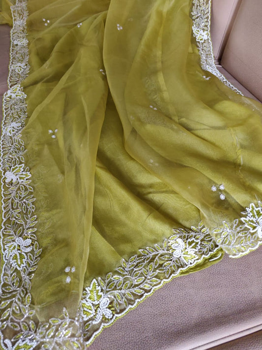 Zynah Organza Silk Saree with Cutdana Work, Pearl Beads Work; Custom Stitched/Ready-made Blouse, Fall, Petticoat; Shipping available USA, Worldwide