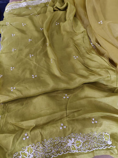 Zynah Organza Silk Saree with Cutdana Work, Pearl Beads Work; Custom Stitched/Ready-made Blouse, Fall, Petticoat; Shipping available USA, Worldwide