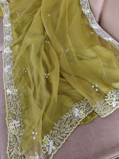 Zynah Organza Silk Saree with Cutdana Work, Pearl Beads Work; Custom Stitched/Ready-made Blouse, Fall, Petticoat; Shipping available USA, Worldwide